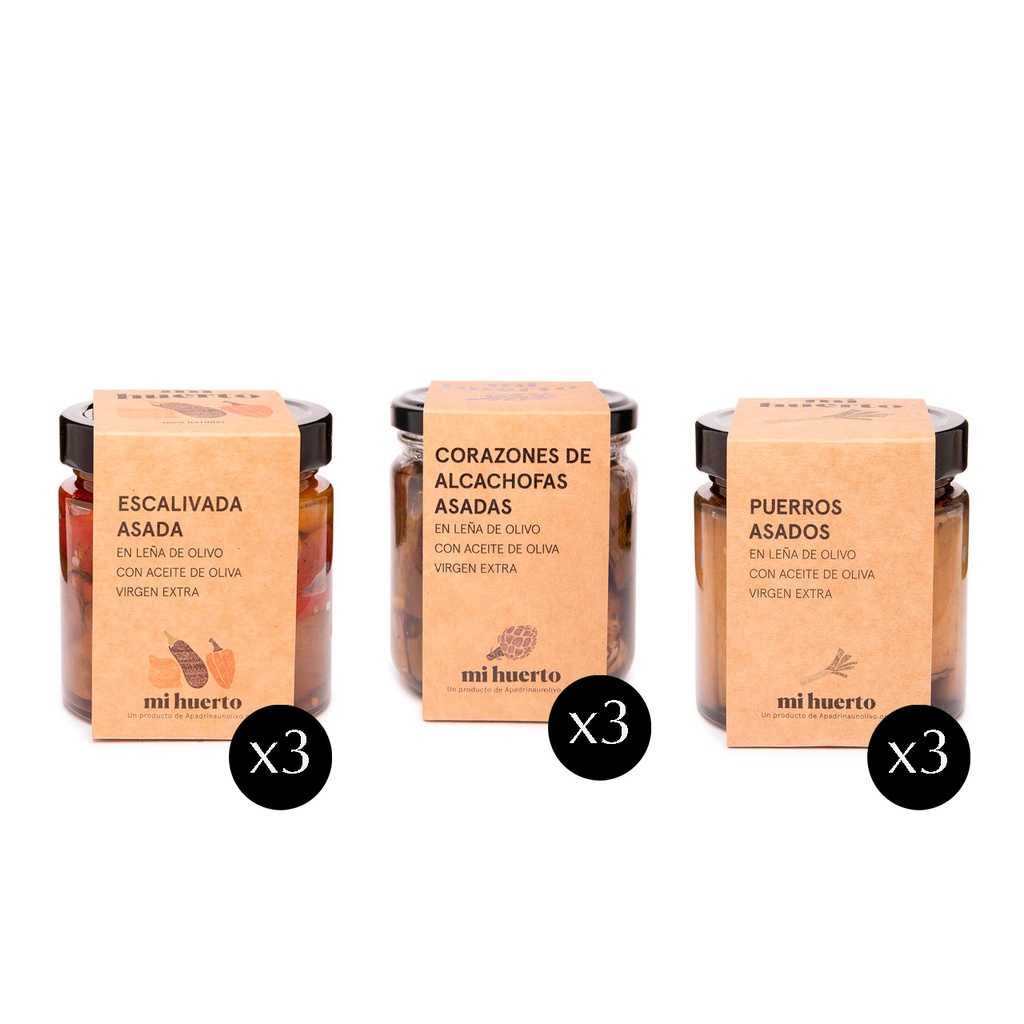 Caja mixta de escalivada, alcachofas y puerros a la leña de Olivo en AOVE (9 uds. x 325g)